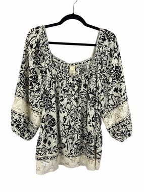 Christian Siriano Boho Blouse Black White Floral Lace Trim Peasant Top Size 2X